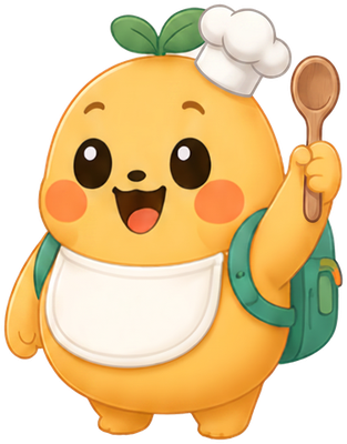 Bibi, the 100 Bites mascot, in a chef's hat