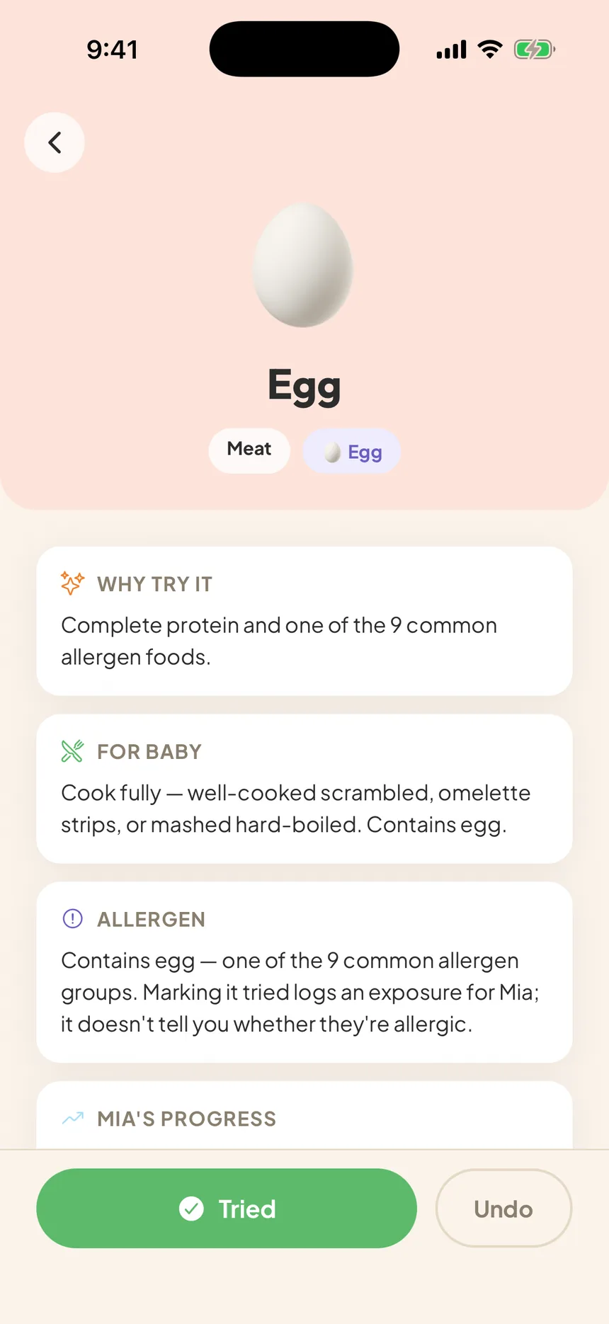 A food detail screen for egg, showing that it belongs to one of the nine common allergen groups, with preparation notes.