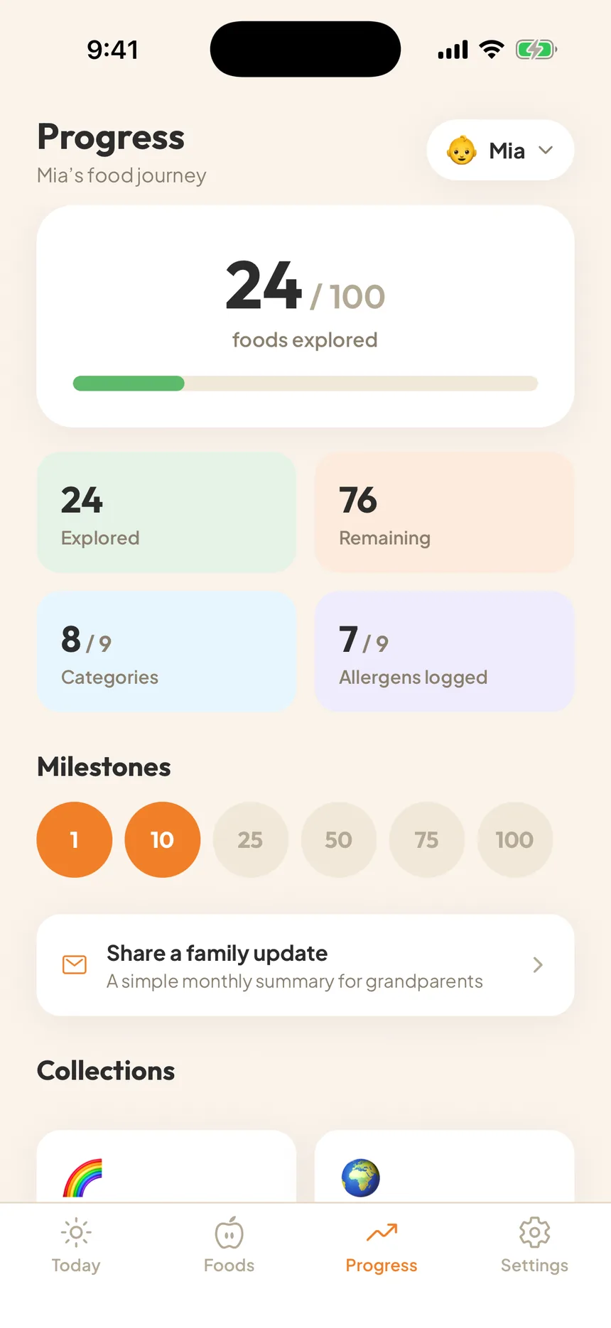 The progress screen showing a large count of foods explored out of 100, a category breakdown, and milestone markers.