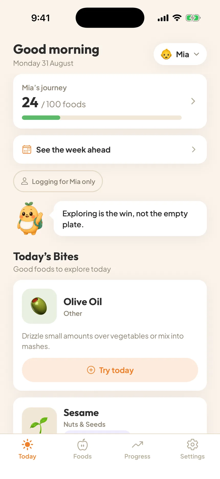 The Today screen showing three suggested foods for the morning, with the baby's name and a running count of foods explored.